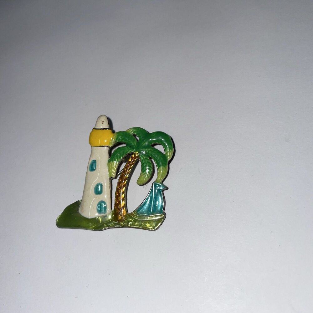 Woman's Brooch Pin Lighthouse & Palm Tree Silver tone and Enamel Nautical Theme